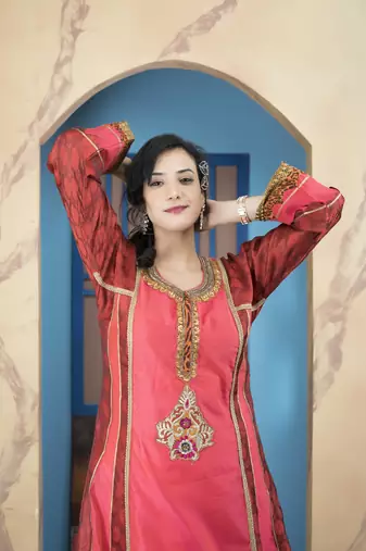 Light-pink chanderi embroidered a line kurta & pants set