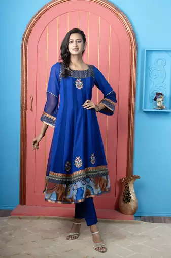 Royal-blue georgette embroidered anarkali kurta & pants set