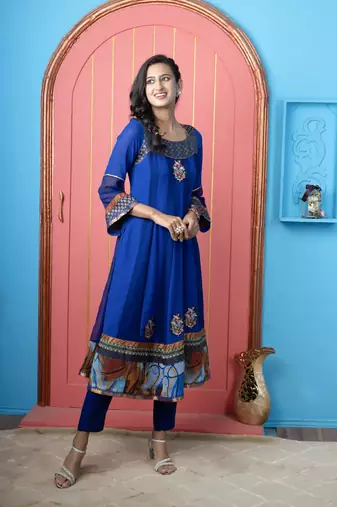 Royal-blue georgette embroidered anarkali kurta & pants set