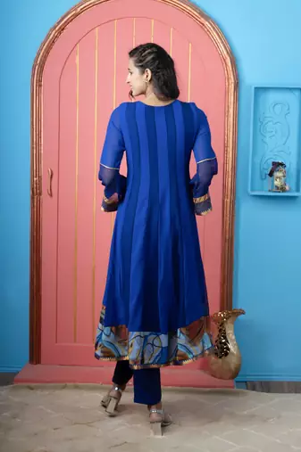 Royal-blue georgette embroidered anarkali kurta & pants set