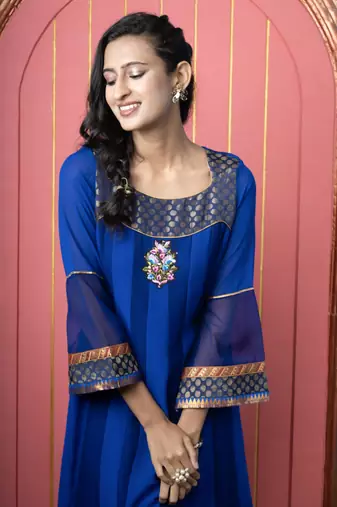 Royal-blue georgette embroidered anarkali kurta & pants set