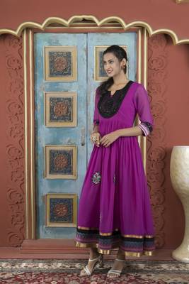Pink georgette embroidered a line kurta & pants set 1