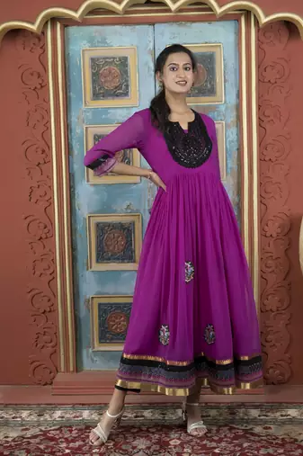 Pink georgette embroidered a line kurta & pants set