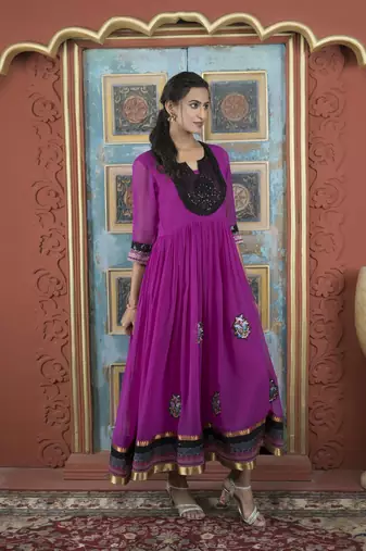 Pink georgette embroidered a line kurta & pants set