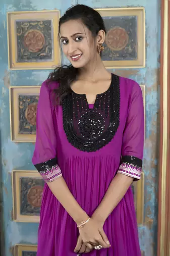 Pink georgette embroidered a line kurta & pants set