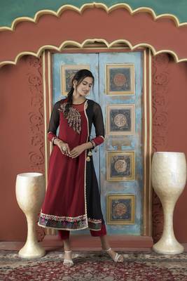 Maroon georgette embroidered asymmetrical kurta & pants set 2