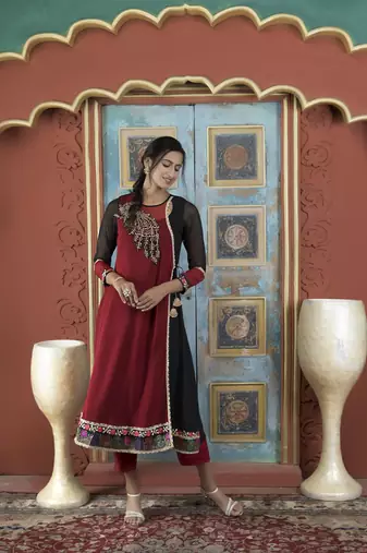 Maroon georgette embroidered asymmetrical kurta & pants set