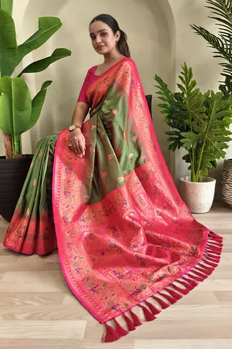 Mehndi soft Silk Blend blend saree with zari weaving meenakari design