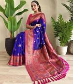 Blue soft paithani silk blend saree with zari weaving meenakari design