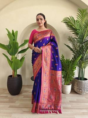 Blue soft paithani silk blend saree with zari weaving meenakari design 3