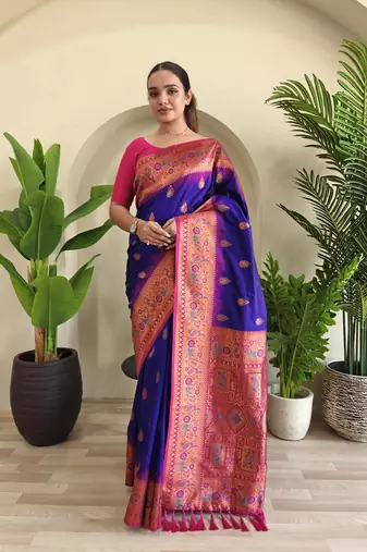 Blue soft paithani silk blend saree with zari weaving meenakari design