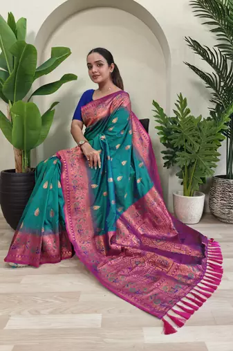Sea green soft Paithani silk blend saree with zari weaving meenakari design