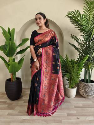 Black soft paithani silk blend saree with zari weaving meenakari design 1