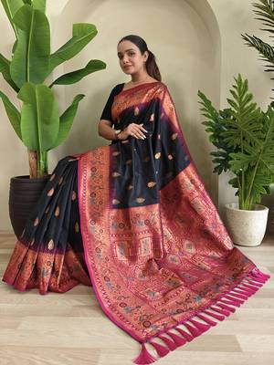 Black soft paithani silk blend saree with zari weaving meenakari design 3