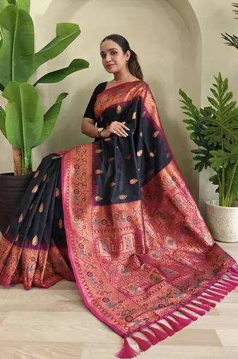 Black soft paithani silk blend saree with zari weaving meenakari design