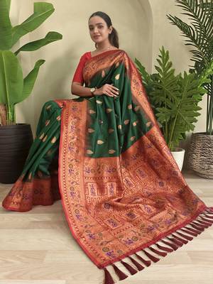 Green soft Paithani silk blend saree with zari weaving meenakari design 1