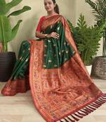 Green soft Paithani silk blend saree with zari weaving meenakari design