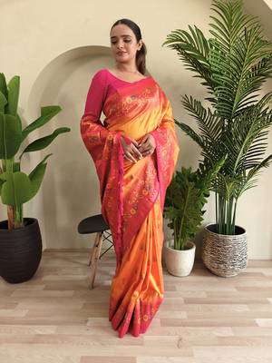 Yellow soft Paithani silk blend saree with zari weaving meenakari design 3