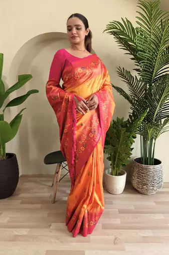 Yellow soft Paithani silk blend saree with zari weaving meenakari design