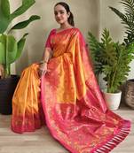 Yellow soft Paithani silk blend saree with zari weaving meenakari design