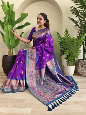 Wine soft paithani silk saree with zari weaving meenakari design 1