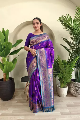 Wine soft paithani silk saree with zari weaving meenakari design