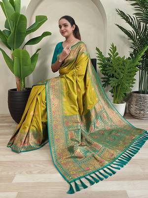 Lemon soft paithani silk blend saree with zari weaving meenakari design 1