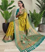 Lemon soft paithani silk blend saree with zari weaving meenakari design