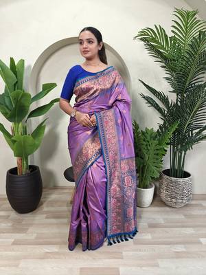 Lavender soft paithani silk blend saree with zari weaving meenakari design 1