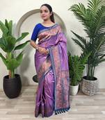 Lavender soft paithani silk blend saree with zari weaving meenakari design