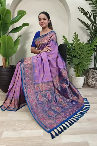 Lavender soft paithani silk blend saree with zari weaving meenakari design