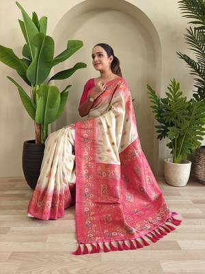White soft Paithani silk blend saree with zari weaving meenakari design 1