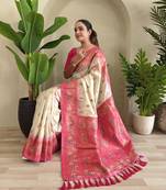 White soft Paithani silk blend saree with zari weaving meenakari design