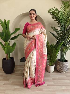 White soft Paithani silk blend saree with zari weaving meenakari design 3