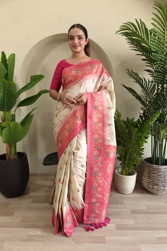 White soft Paithani silk blend saree with zari weaving meenakari design