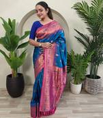 Teal blue soft paithani silk blend saree with zari weaving meenakari design