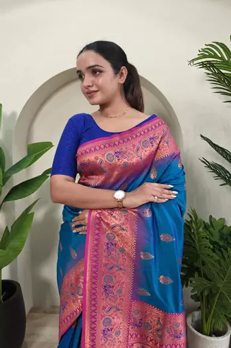 Teal blue soft paithani silk blend saree with zari weaving meenakari design