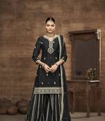 Black chinon silk embroidered semi-stitched sharara suit (free size)