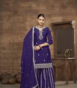 Blue chinon silk embroidered semi-stitched sharara suit (free size)