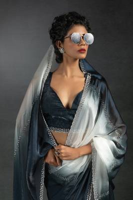 Multicolor Embroidered Fendi Satin Silk Saree with Blouse 1