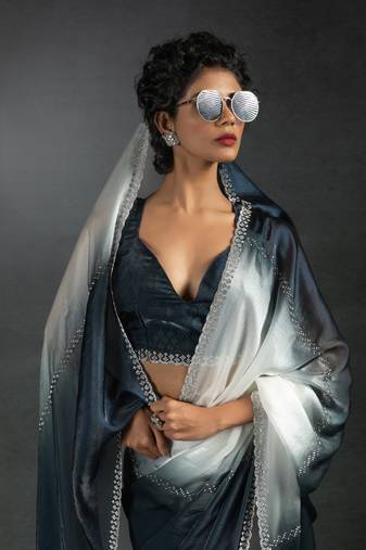 Multicolor Embroidered Fendi Satin Silk Saree with Blouse