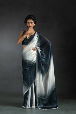 Multicolor Embroidered Fendi Satin Silk Saree with Blouse 2
