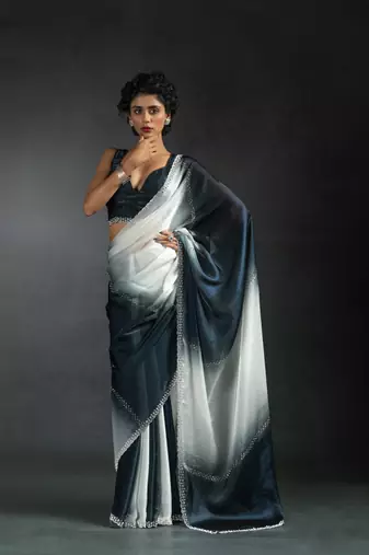 Multicolor Embroidered Fendi Satin Silk Saree with Blouse