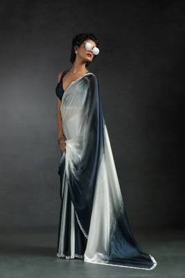 Multicolor Embroidered Fendi Satin Silk Saree with Blouse 3