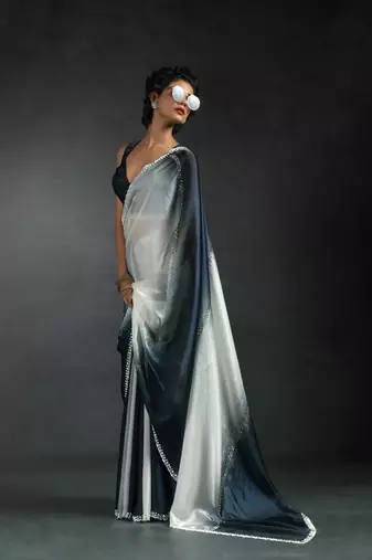 Multicolor Embroidered Fendi Satin Silk Saree with Blouse