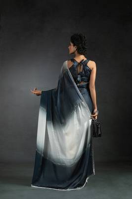 Multicolor Embroidered Fendi Satin Silk Saree with Blouse 4