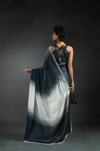 Multicolor Embroidered Fendi Satin Silk Saree with Blouse