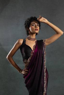 Wine Embroidered Fendi Satin Silk Two Tone Saree with Blouse 1