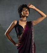Wine Embroidered Fendi Satin Silk Two Tone Saree with Blouse