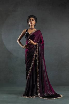 Wine Embroidered Fendi Satin Silk Two Tone Saree with Blouse 3